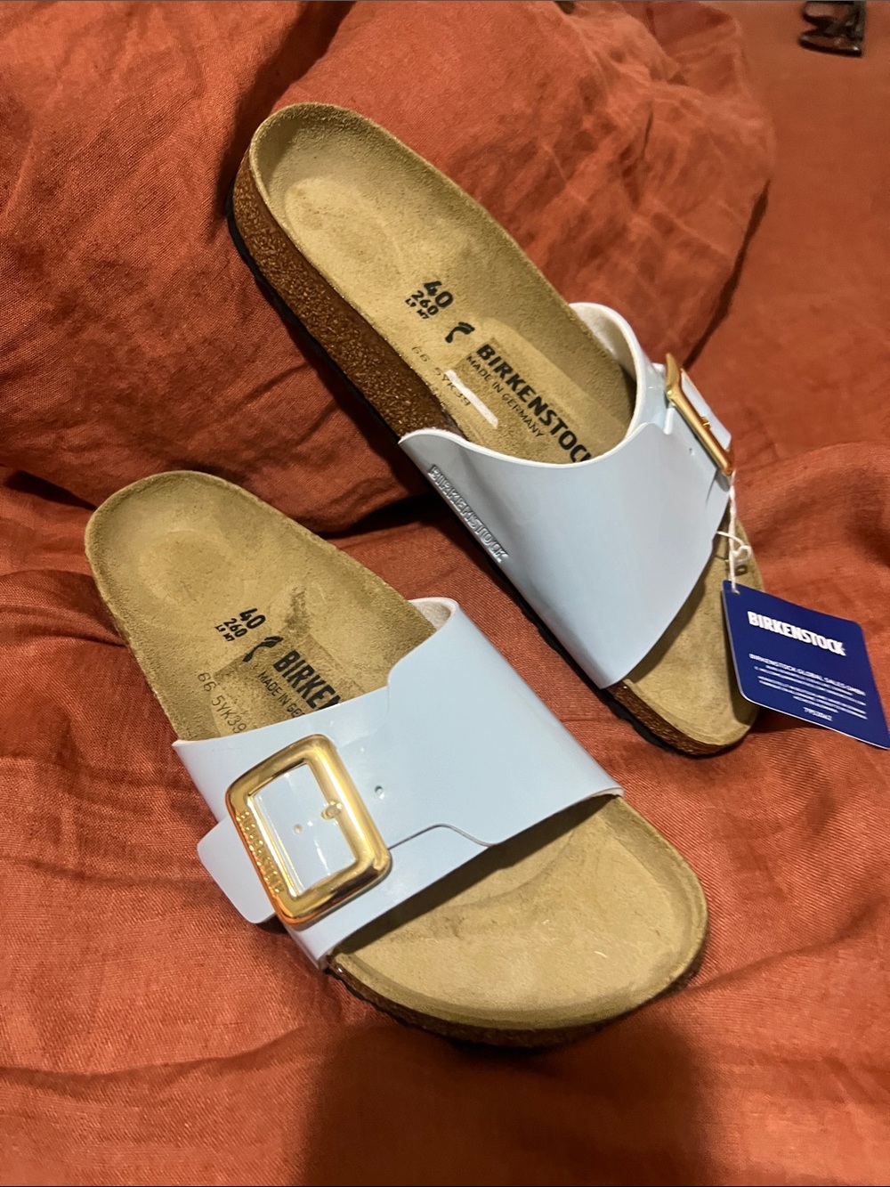 Birkenstock Madrid Big Buckle Slide Sandals in baby blue with Gold Buckle